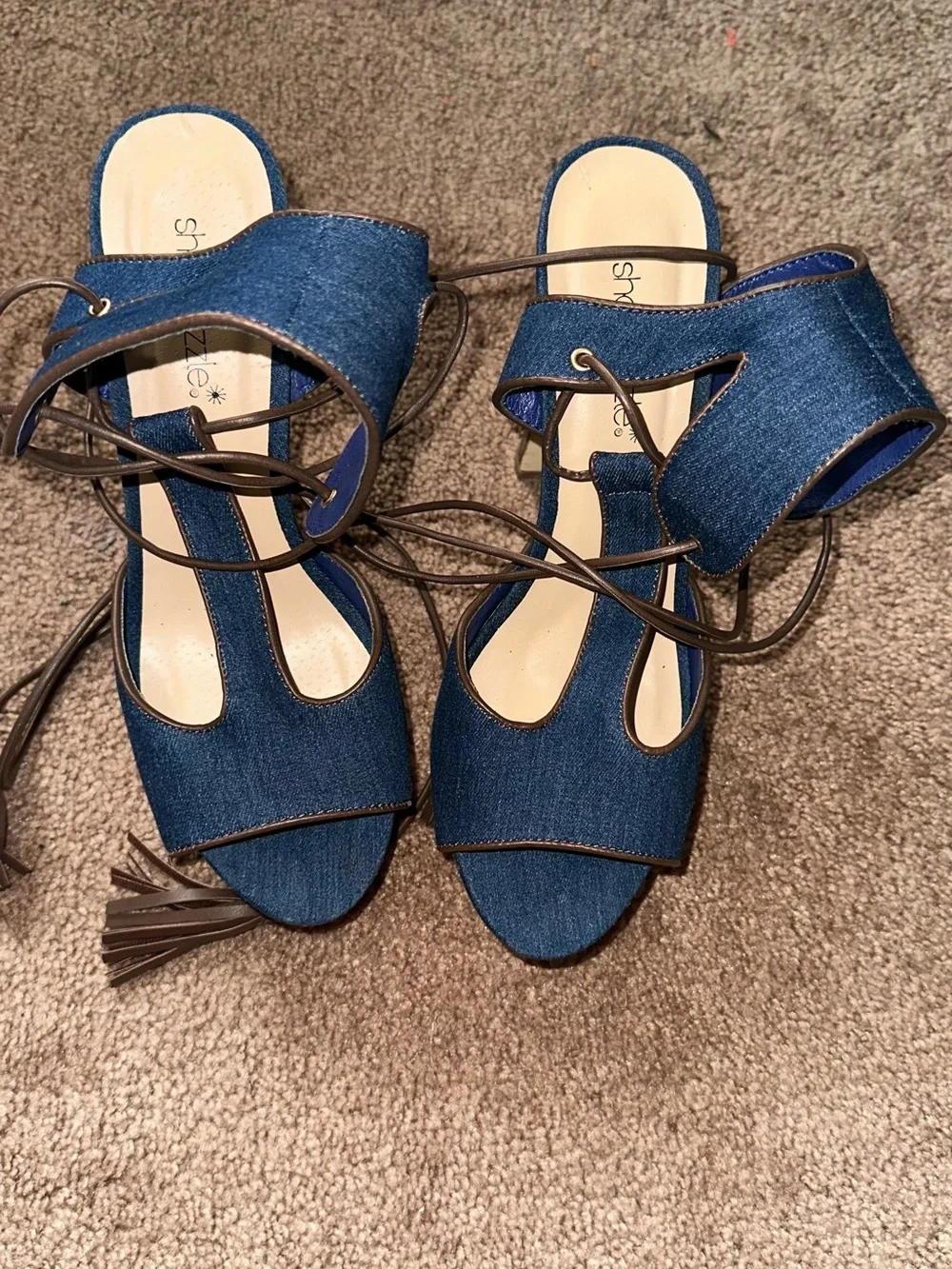 Denim Lace-Up Platform Sandals - Blue